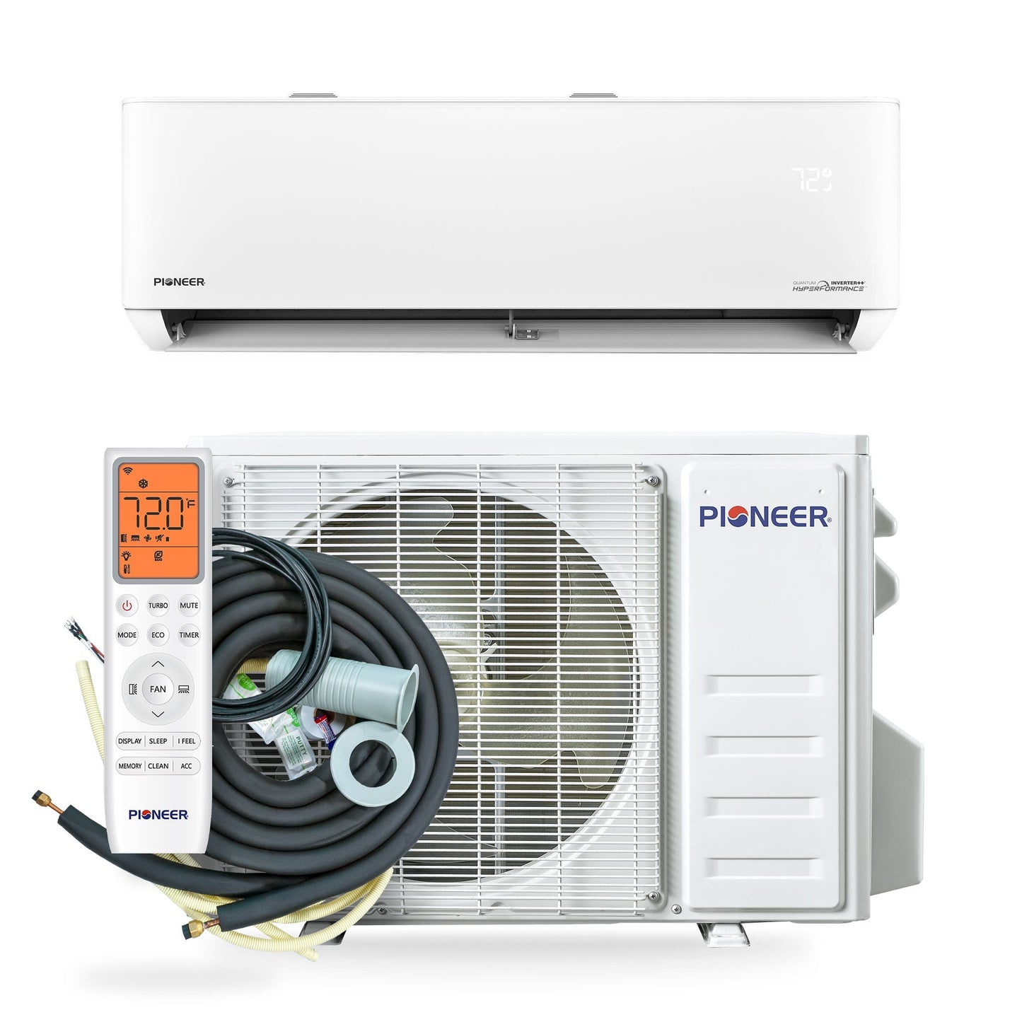 Pioneer Quantum Hyperformance 24,000 BTU 22.5 SEER2 230V High-Wall Ductless Energy-Star Mini-Split Air Conditioner Inverter Hyper Heat Pump Full Set - WYT024GLSI25RH-10S